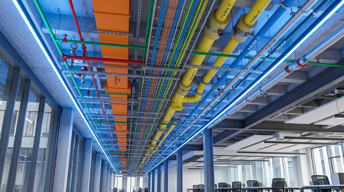 Photorealistic 3D BIM MEP Engineering Model render showing HVAC ducts, electrical conduits and plumbing